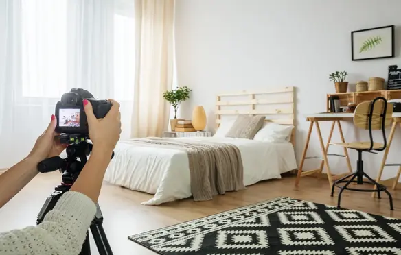 a person taking a picture of a bed